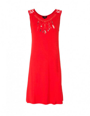 Robe courte corail sans manches en viscose avec motif plumes