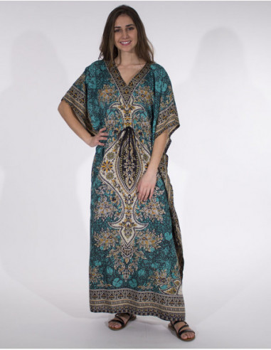 Robe longue ethnique bleu pétrole style indien pour femme