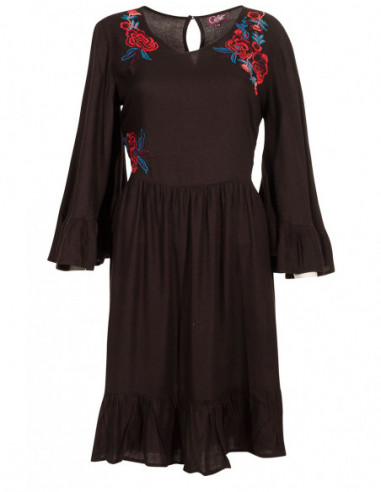 Robe noire flamenco brodée fleurie pour l'hiver