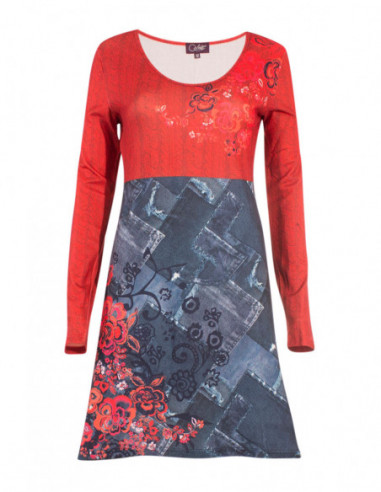 Robe courte effet jupe imprimé patchwork original orange