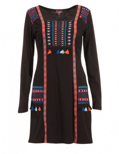Dos de robe courte indienne originale avec pompons noir