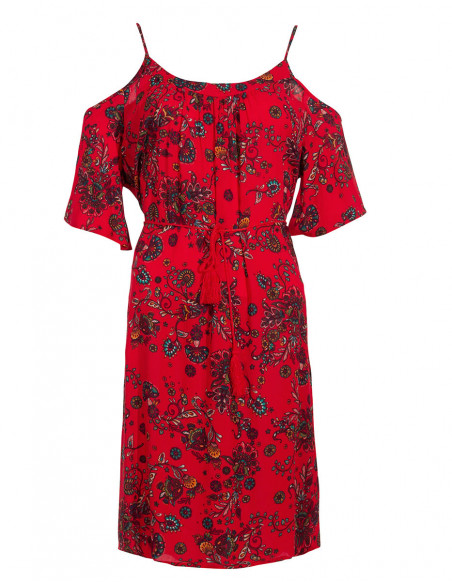 Robe courte féminine à épaules nues et imprimé fleuri coloré rouge