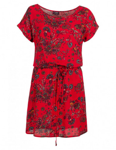 Robe courte droite à manches courtes avec motif fleuri original rouge