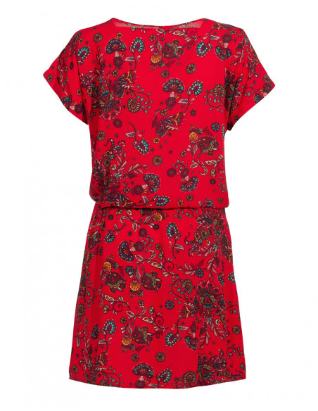Robe courte bohème avec coupe droite et motifs fleuris rouge