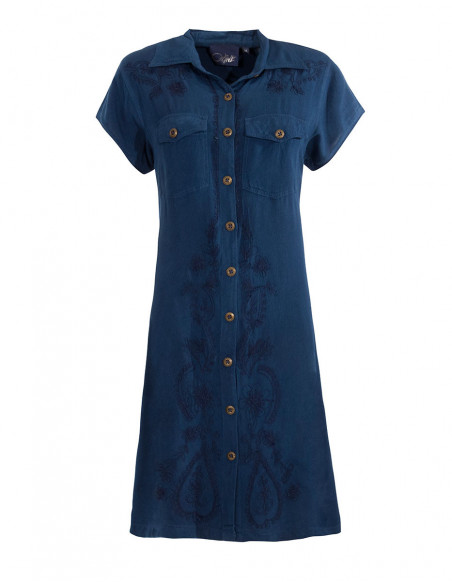 Embroidered stonewash button dress