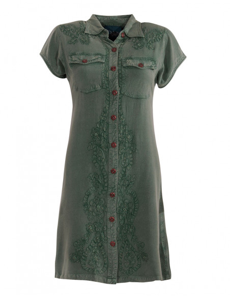 Embroidered stonewash button dress