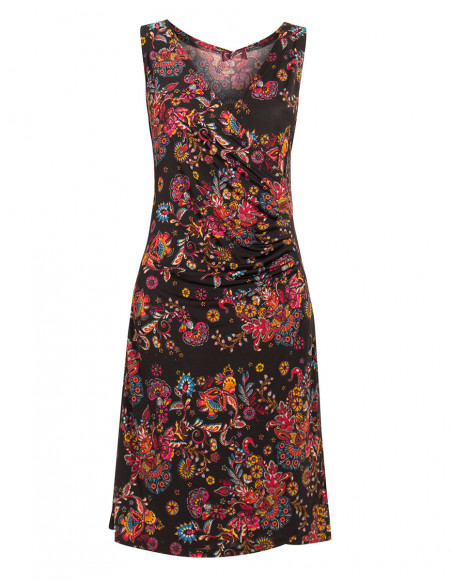 Robe courte extensible col cache coeur imprimé fleuri noir