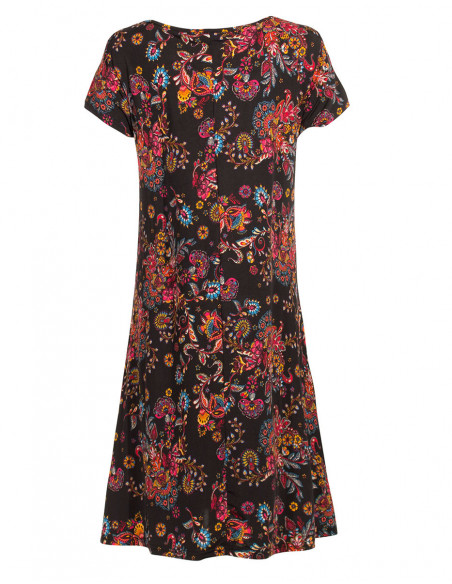 Robe d'été romantique manches courtes imprimé petites fleurs noire dos