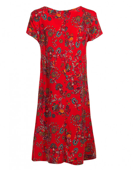 Robe d'été romantique manches courtes imprimé petites fleurs rouge dos