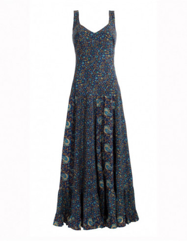 Robe longue ethnique style indien motif chic bleu marine