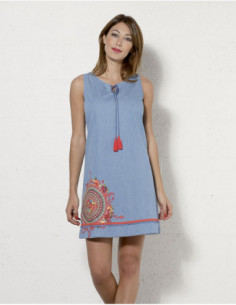 Denim dress with pompoms