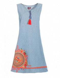 Denim dress with pompoms 2
