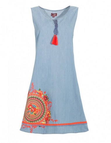 Denim dress with pompoms