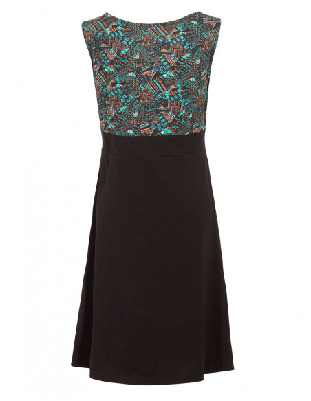 Robe ethnique courte col en V sans manche imprimé graphique noire dos