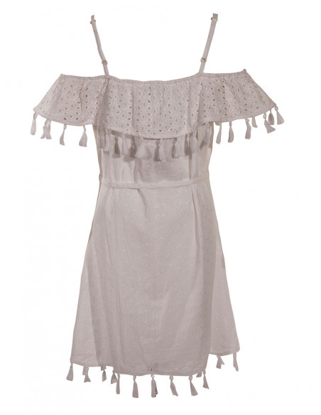 Robe cintrée originale brodée et à pompons blanche dos