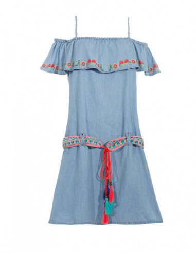 Robe courte effet jean à épaules dénudées avec broderies