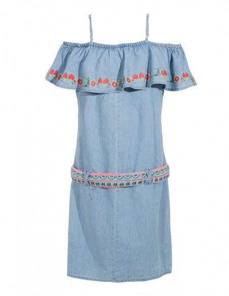 Robe courte bleu en stone wash avec broderies et volant sur la poitrine