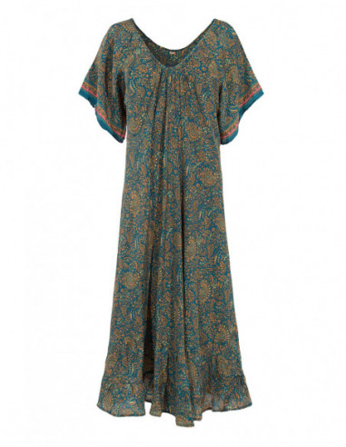 Robe longue turquoise à manches courtes
