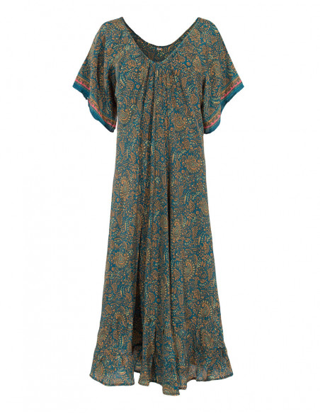 Robe longue turquoise à manches courtes