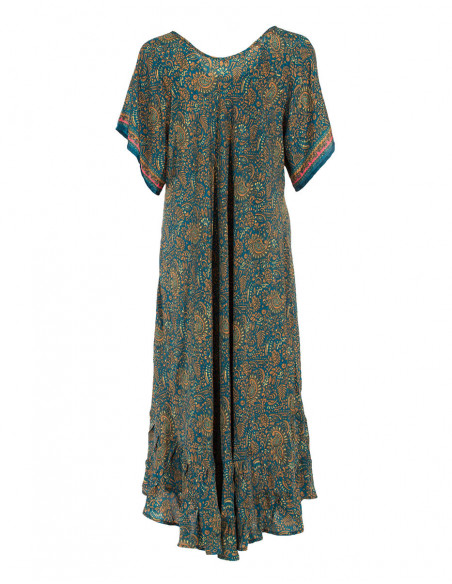Robe longue turquoise à manches courtes