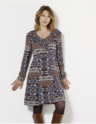 Robe courte hiver original motif aztèque look ethnique bleu marine marron et blanc