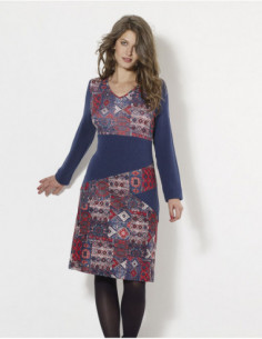 Robe courte originale patchwork baba cool bleu marine