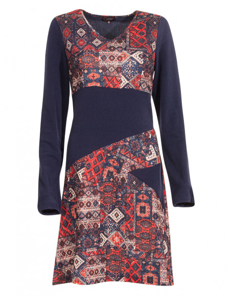 Robe courte en coton d'hiver baba cool motif patchwork bleu marine