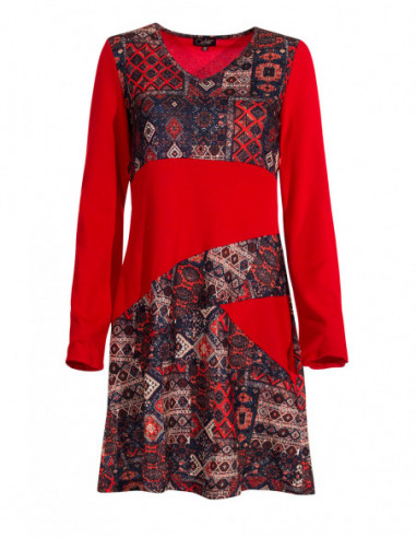 Robe courte en coton d'hiver baba cool motif patchwork rouge