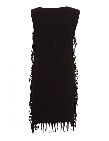 Robe originale ethnique sans manches avec franges et motifs plumes noire