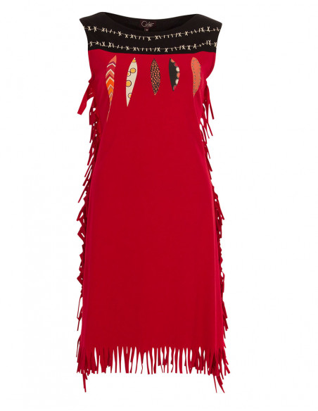 Robe courte original boho gypsy avec franges et plumes rouge