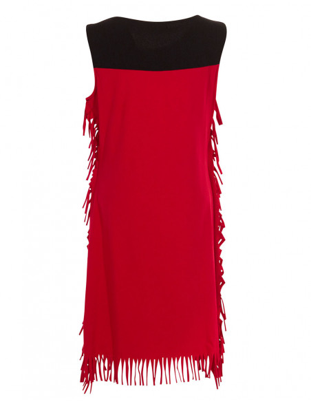 Robe originale ethnique sans manches avec franges et motifs plumes rouge