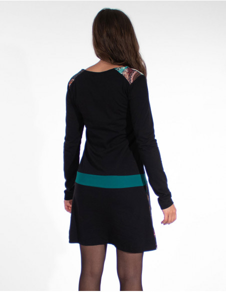 Dos robe courte en coton ethnique baba cool bleu émeraude