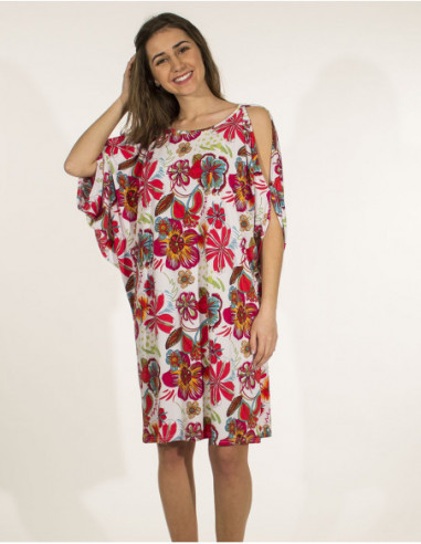 Robe courte d'été originale à épaules fendues  imprimé tropical