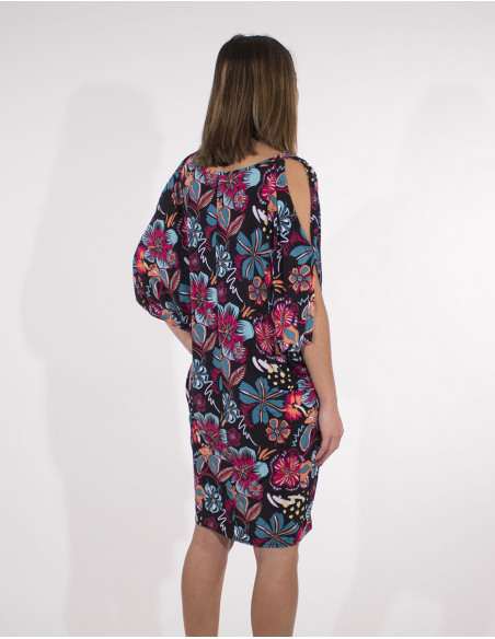 Robe d'été fluide à épaules fendues et motif fleurs tropicales bleu marine