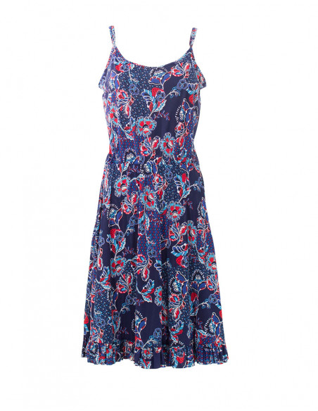 Robe courte à fines bretelles et motifs cachemire fleuri bleu marine