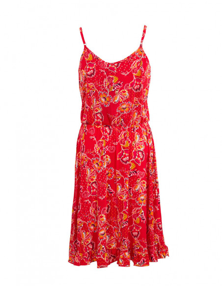 Robe courte à fines bretelles et motifs cachemire fleuri rouge