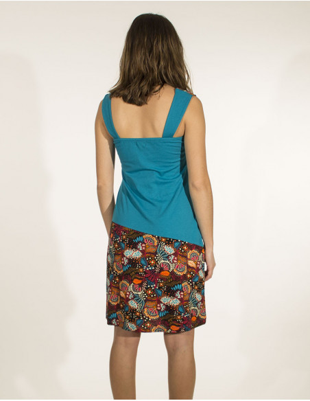 Robe en coton tissu ethnique coloré et uni bleu émeraude