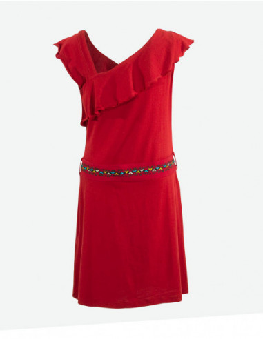Robe courte à volant pour femme unie rouge