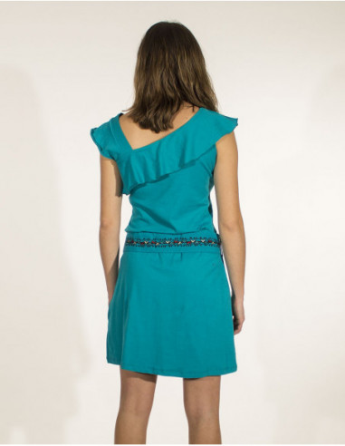 Robe courte à volant pour femme unie bleu émeraude