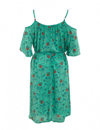 Robe courte fluide originale avec épaules dénudées et motif fleuri menthe