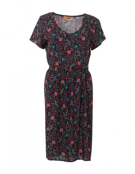 Robe mi-longue à manches courtes pour l'été avec imprimé féminin fleuri noire