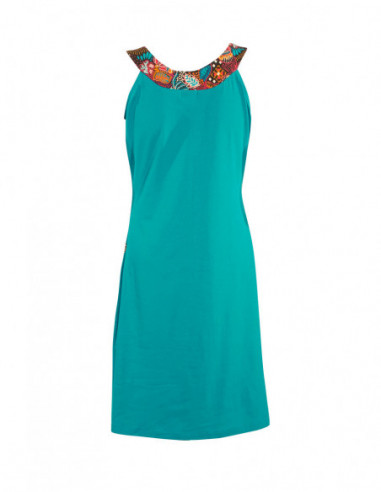 Robe courte trapèze originale unie émeraude avec bandes à motifs ethniques