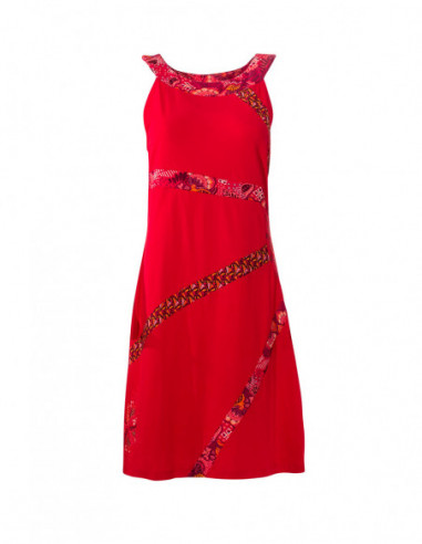Robe courte trapèze originale unie rouge avec bandes à motifs ethniques