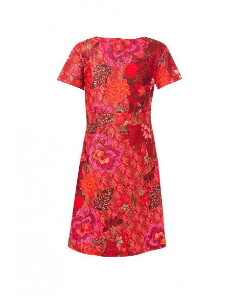 Robe courte rouge col V cache coeur sexy avec imprimé fleuri bohème