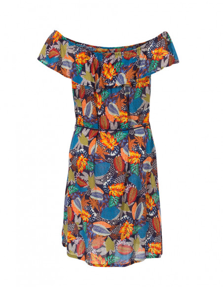 Robe courte d'été fleurie ceinture à la taille épaules dénudées marine dos