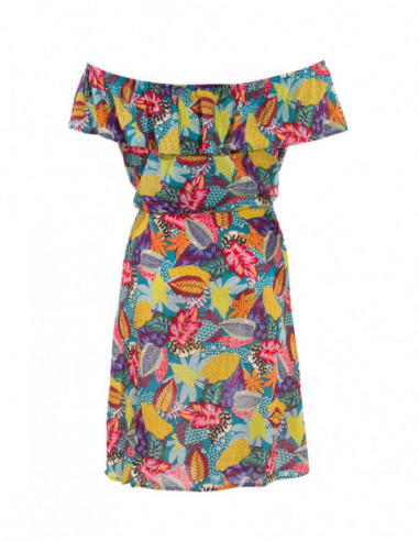Robe courte d'été fleurie ceinture à la taille épaules dénudées pétrole dos