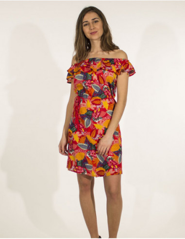 Robe courte d'été fleurie ceinture à la taille épaules dénudées