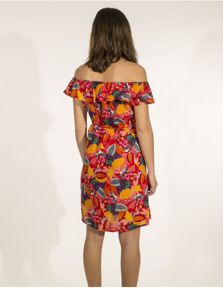 Robe courte d'été fleurie ceinture à la taille épaules dénudées rouge dos