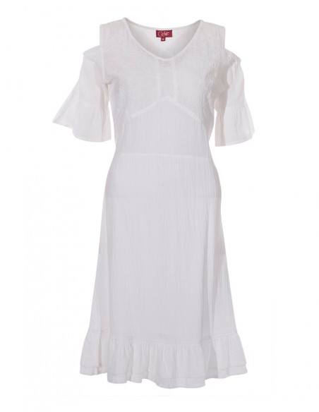 Small bohemian white dress, bare shoulde