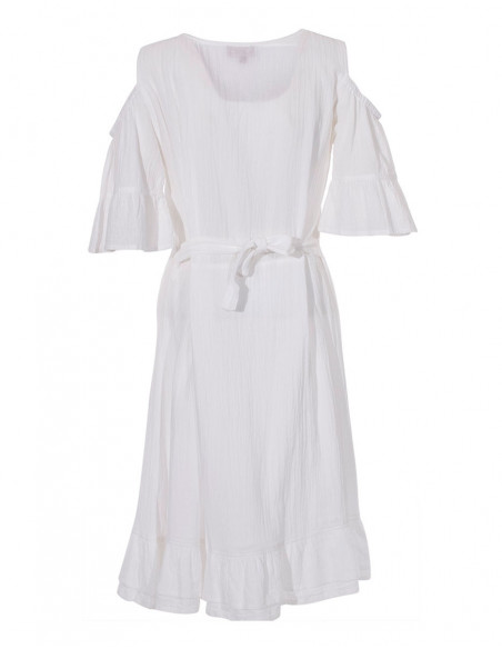 Small bohemian white dress, bare shoulde